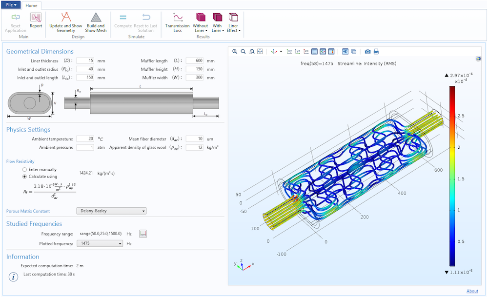 An image of the Absorptive Muffler Designer simulation app.