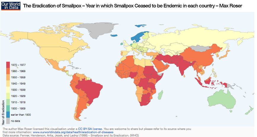A map that shows the eradication of smallpox across the world.