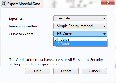 Screenshot showing the Export Material Data option.