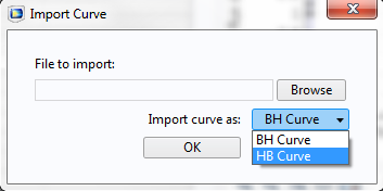 Screenshot depicting the option to import a curve as a B-H Curve or an H-B Curve.