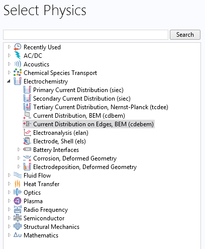 A screenshot of the Select Physics window within the Corrosion Module in COMSOL Multiphysics.