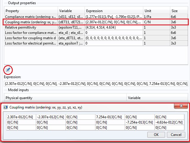 A screenshot of the d coefficients in a matrix form on the COMSOL Desktop.