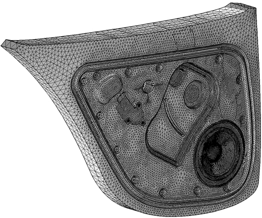 A CAD model of a vehicle door, including the speaker.