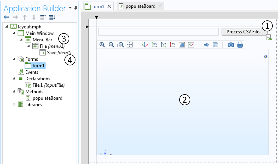 An image showing the File Import feature, Graphics window, and File menu with the Save feature.