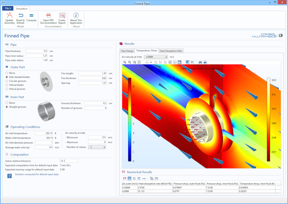 The user interface for the Finned Pipe simulation app.