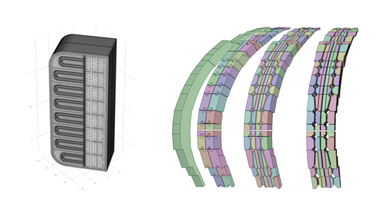 Side-by-side images showing the meshed TBM geometry and FI models with different levels of detail.