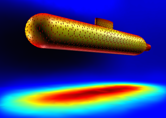 A plot of a submarine simulation in COMSOL Multiphysics.