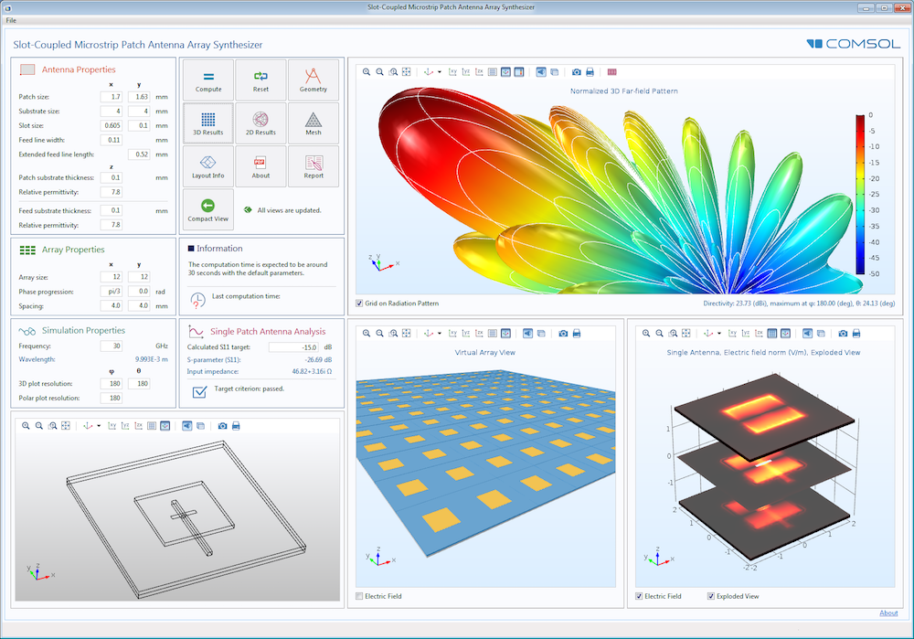 The user interface of the Slot-Coupled Microstrip Patch Antenna Array Synthesizer simulation app.