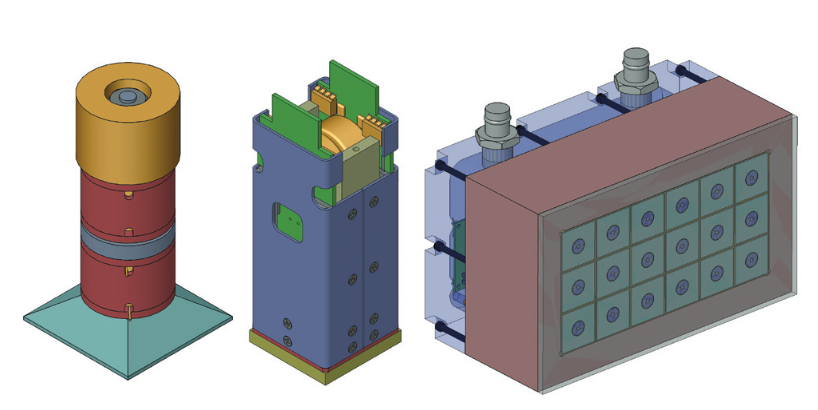 Images depicting different components of a closely packed SONAR array, including the magnetostrictive transducer, the transducer and power electronics, and the full array.