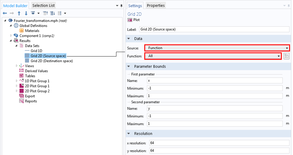 A screen capture showing how to create and define the 2D data set for a Fourier transformation.