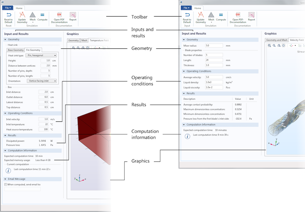 Side-by-side images comparing the UIs for the Heat Sink and Mixer apps.