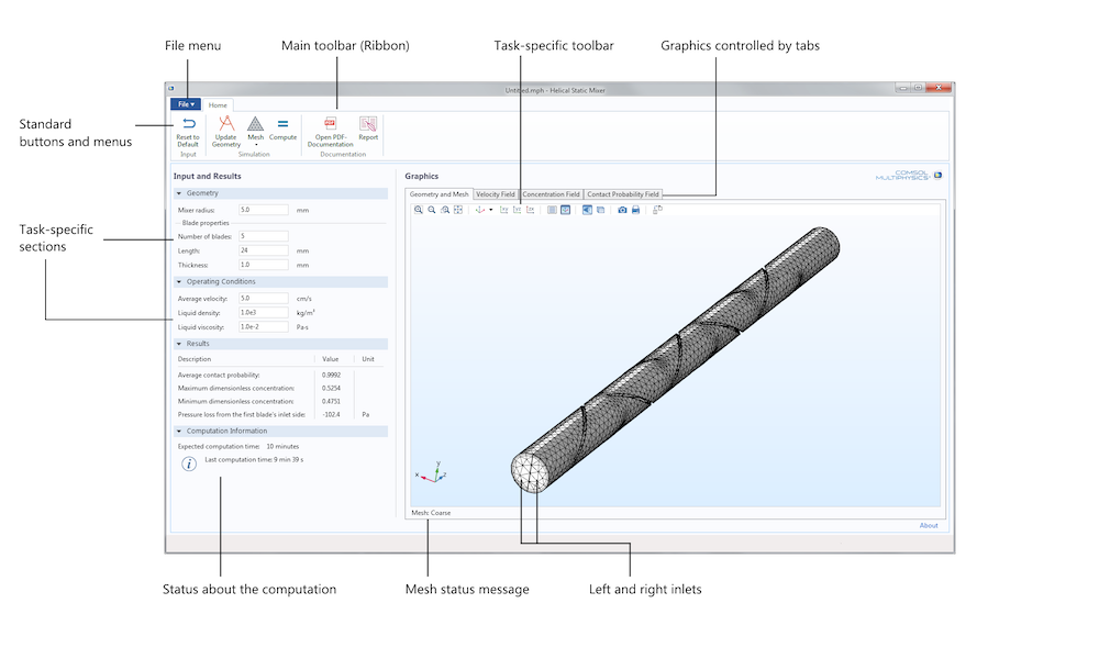 A screenshot of the user interface for the Helical Static Mixer demo app.