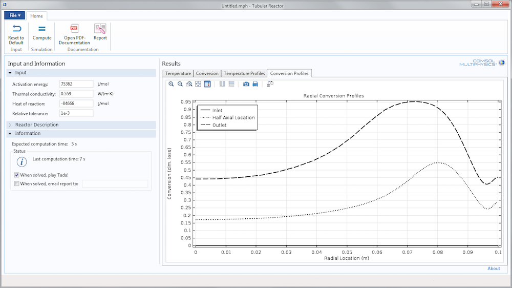 An image of the Tubular Reactor app's user interface, made with the Application Builder in COMSOL Multiphysics.