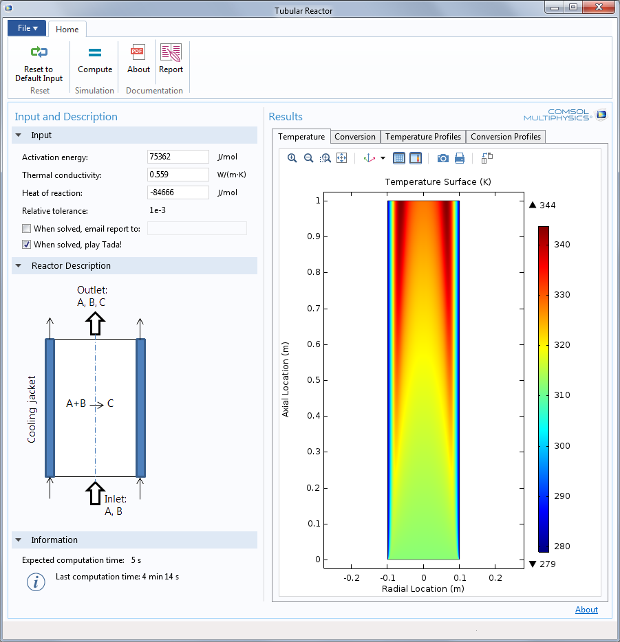 The UI for the Tubular Reactor simulation app.