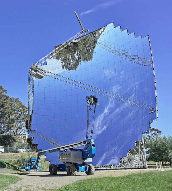 A photograph of a paraboloidal dish, a device used for concentrated solar power.