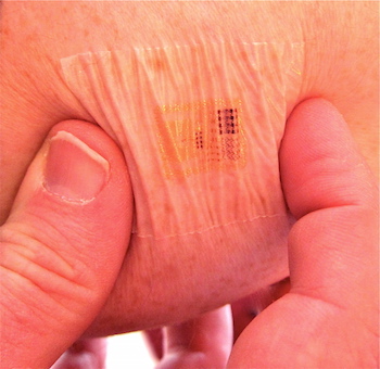 A photo highlighting a stretchable electronic skin.