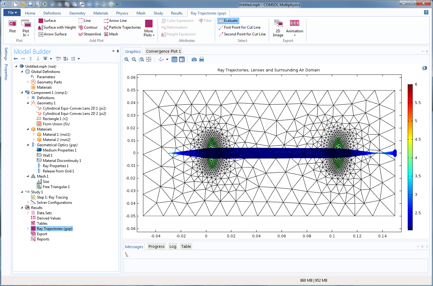 The simulation of a ray optics lens system in COMSOL Multiphysics version 5.2.