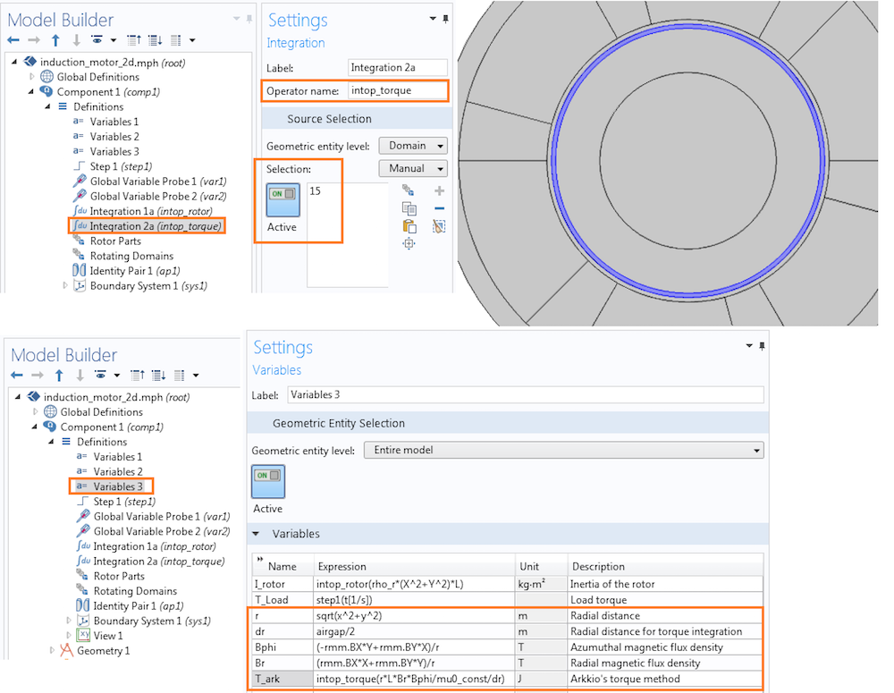 Screenshot depicting the implementation of Arkkio's method of torque calculation in COMSOL Multiphysics.