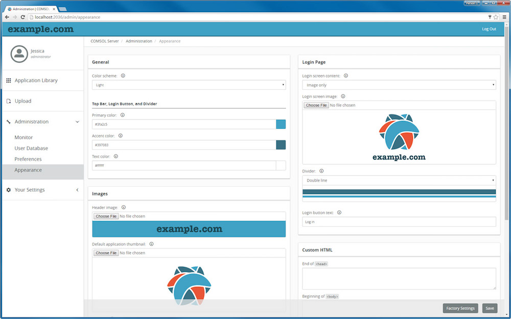 An example of a branded COMSOL Server web interface created via the Appearance settings.
