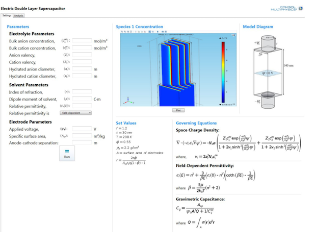 The UI of an EDLC analysis simulation app.