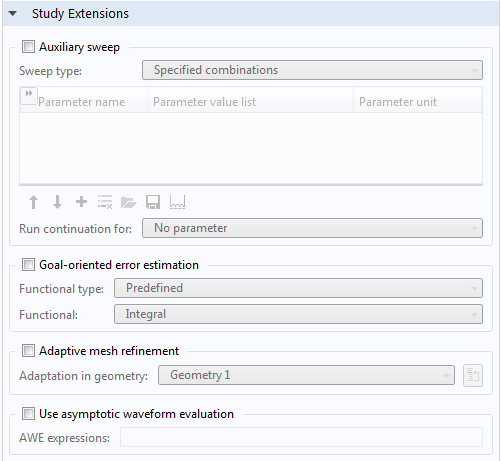 Screenshot highlighting the Study Extensions settings in COMSOL Multiphysics.