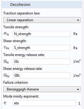 Screen capture showing the decohesion settings in COMSOL Multiphysics.