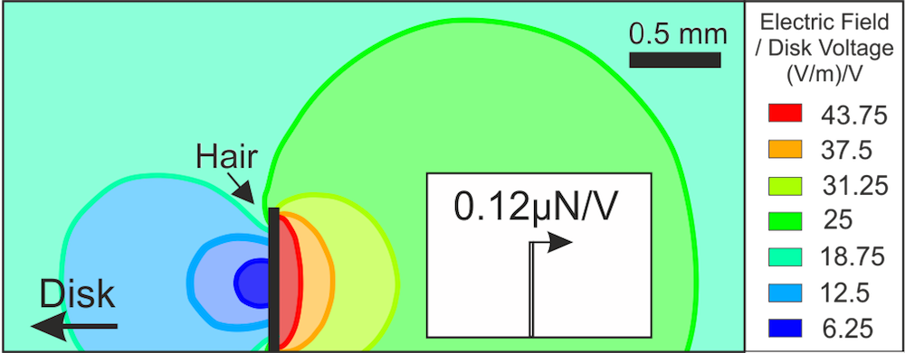 Simulation depicting bumblebee hair exposed to an electric field 1 cm away.