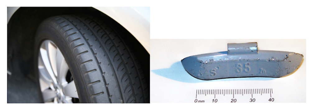 Photographs depicting a car tire and trim weight.