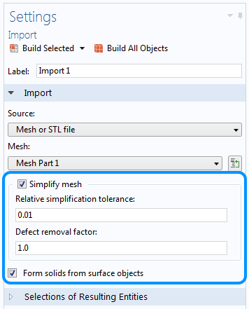 A screenshot showing the Simplify mesh settings.