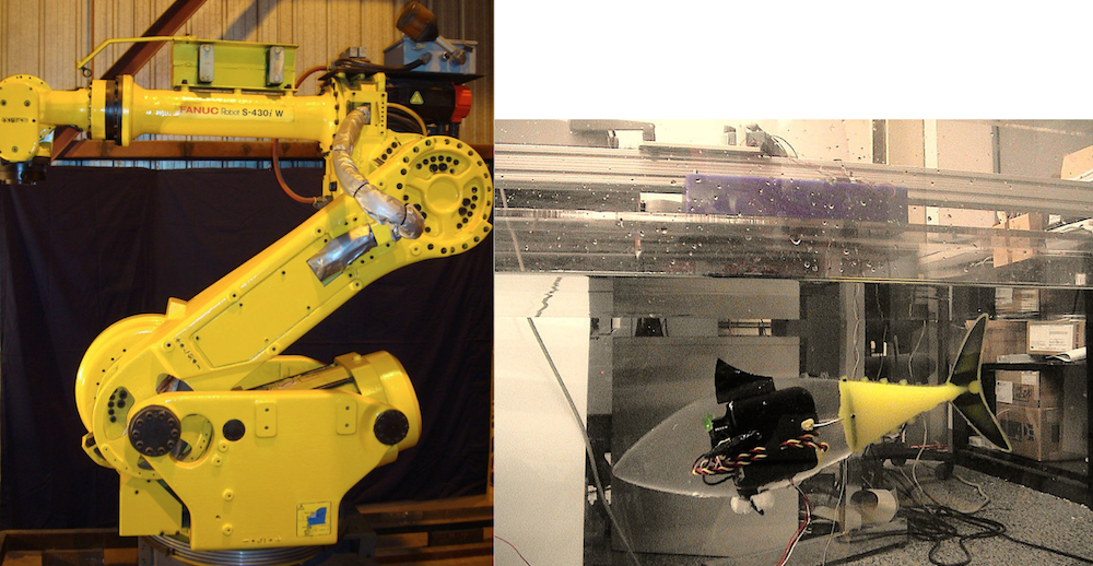 Two photographs displaying a metallic robot and a soft robot.