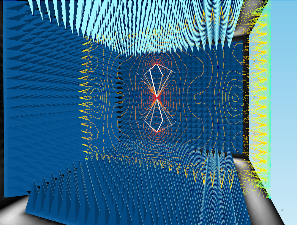 Image of an anechoic chamber with an excited biconical antenna.