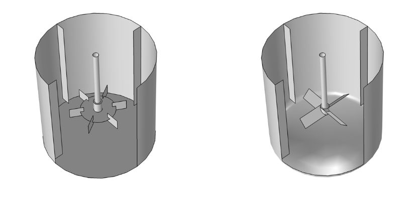 Two completed mixer geometries in COMSOL Multiphysics.