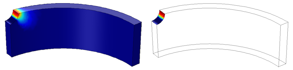 Side-by-side images showing low-cycle fatigue in a cylinder with a hole.