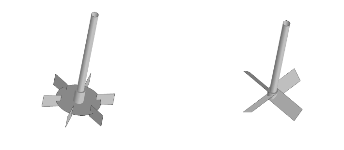 六叶 Rushton 圆盘涡轮和四叶轴向斜叶片叶轮的模型几何结构。