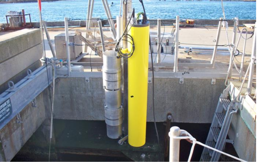 An image showing the sound source system being tested at the Woods Hole Oceanographic Institute.