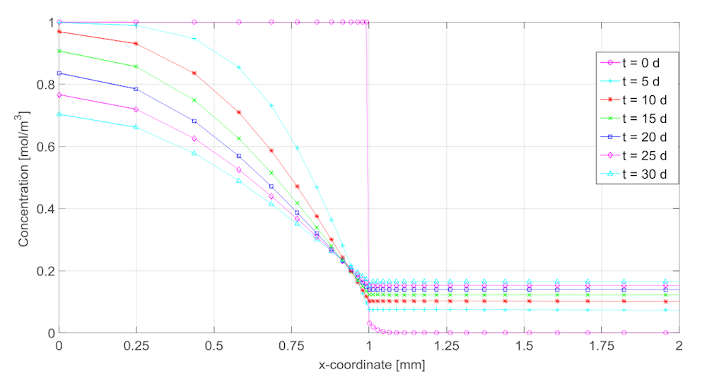 A plot showing the time-dependent concentration profiles for a single-layer packaging.