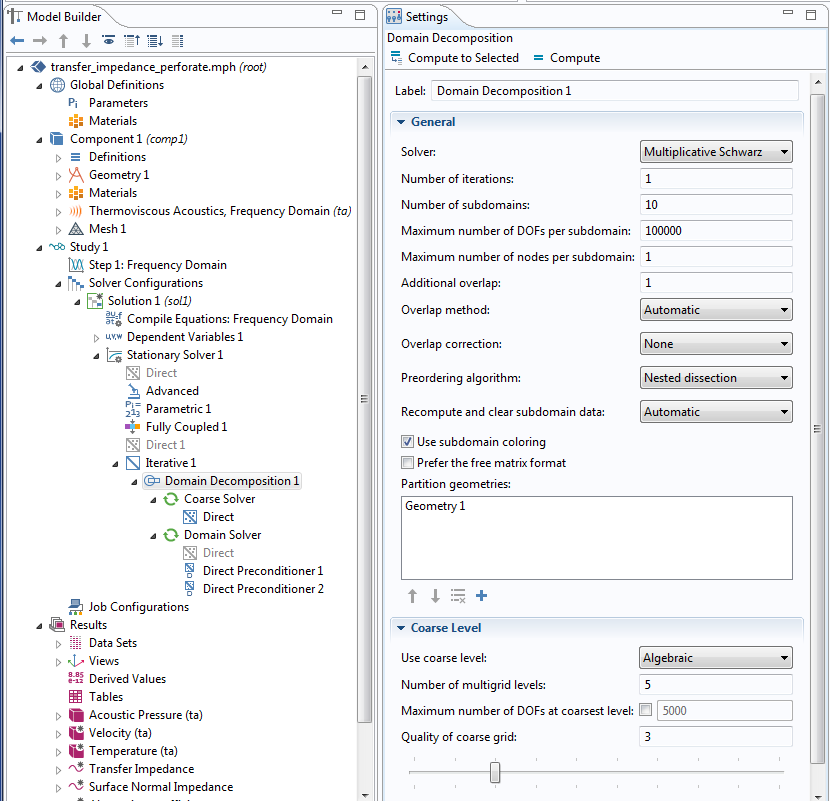 Screenshot showing the settings for the Domain Decomposition solver in COMSOL Multiphysics.