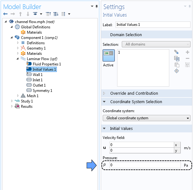 COMSOL Multiphysics中的“设置”窗口显示了初始边界条件的相对压力。