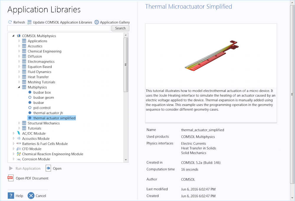 A graphic of the Application Libraries window, showing the Thermal Actuator tutorial model.