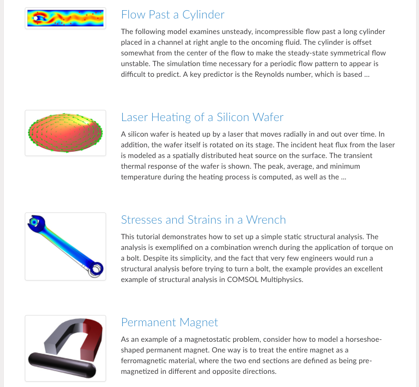 An image showing part of the Application Gallery, one of the many COMSOL website resources.
