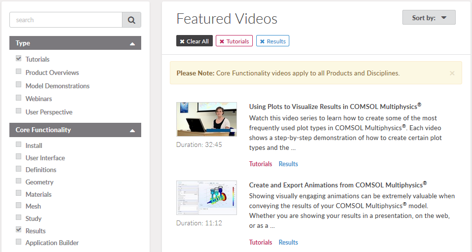 A screen capture showing the COMSOL Video Gallery, with tutorial videos on postprocessing in COMSOL Multiphysics®.