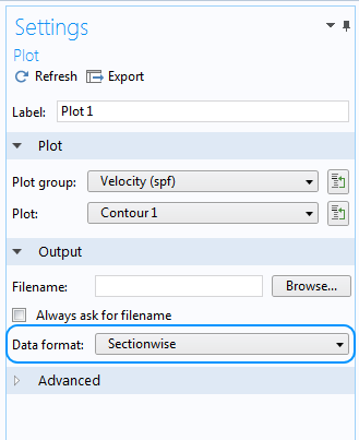 Annotated screenshot showing where to select the Sectionwise format in the plot export settings window.