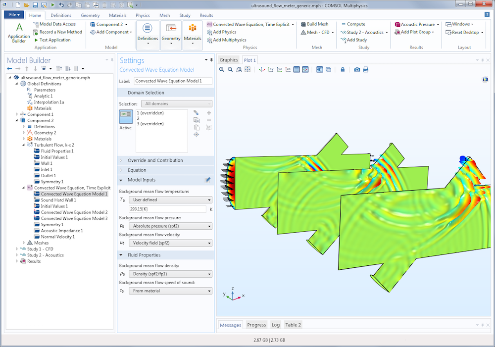 在 COMSOL Multiphysics® 的模型开发器中显示的超声波流量计仿真图像