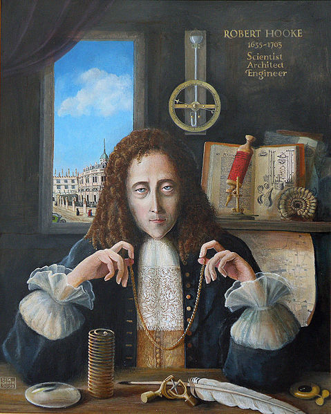 A painting of Robert Hooke holding a chain that forms a catenary curve.