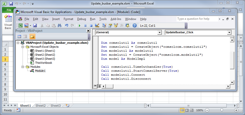 Screenshot of Visual Basic showing how to start a COMSOL Multiphysics Server.
