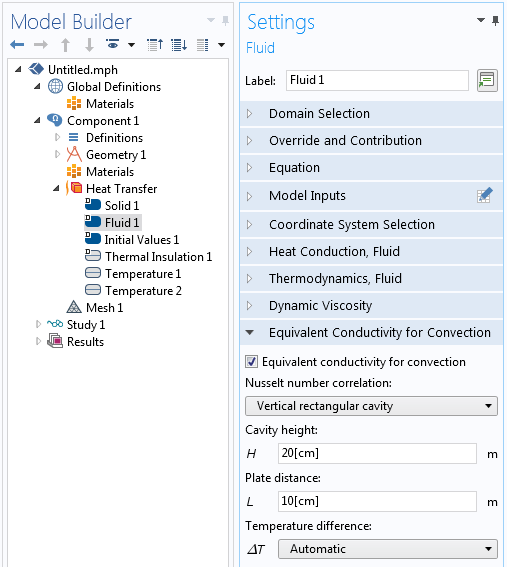 The Settings window for the Equivalent conductivity for convection feature in COMSOL Multiphysics® 5.3.
