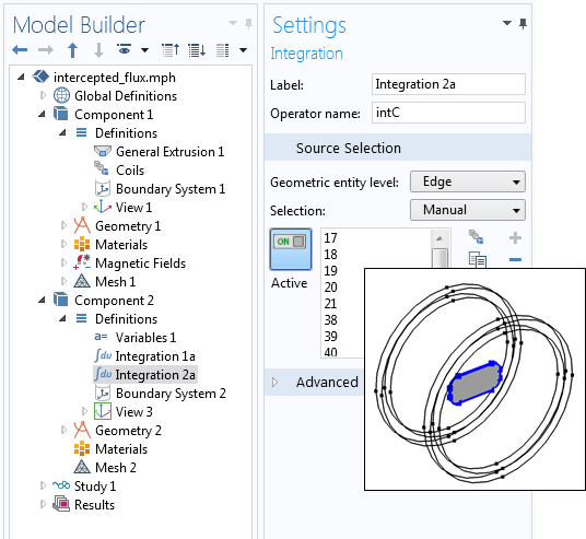 A screenshot of the settings for an Integration component coupling and an overlay graphic of the pickup coil perimeter.