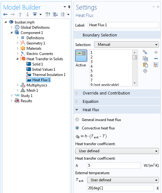 Ein Screenshot der den konstanten Wärmeübergangskoeffizienten zeigt, der genutzt wird, um natürliche und erzwungene Konvektion in  COMSOL Multiphysics® zu modellieren.