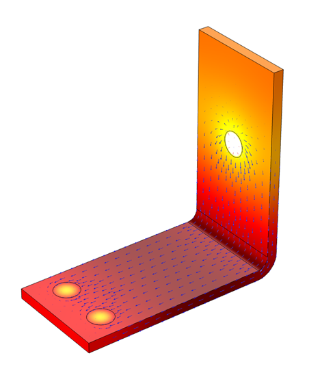 Une image montrant les résultats de la simulation d'un courant électrique circulant dans un busbar métallique.