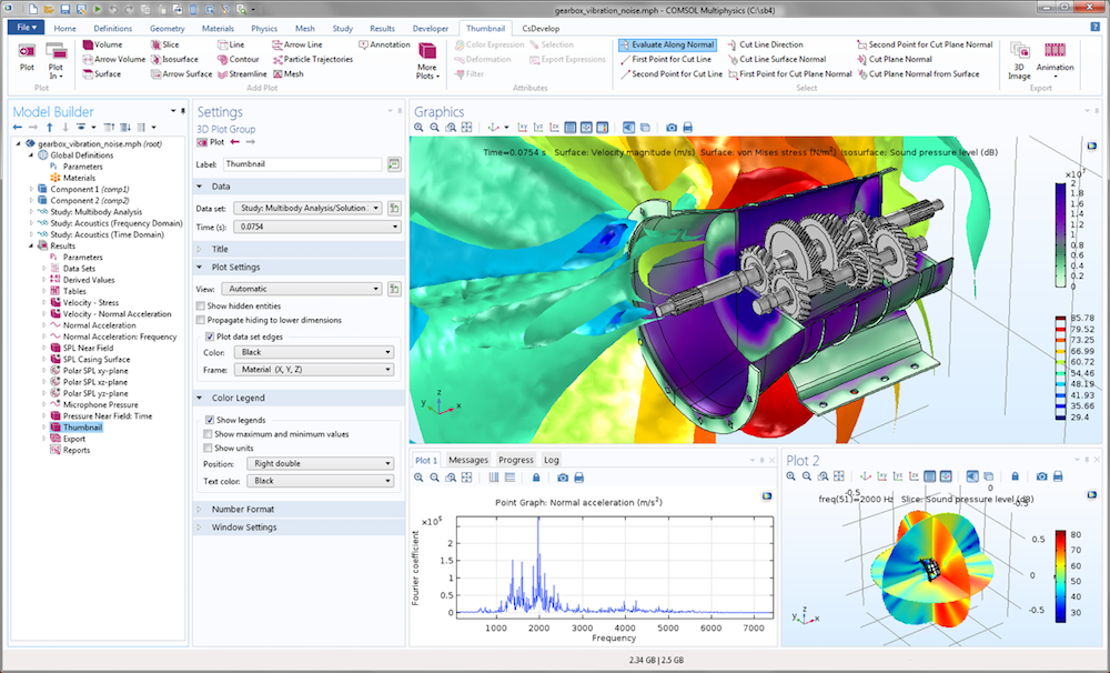 A screenshot of the Vibrations and Noise in a Gearbox tutorial model, available in the Acoustics Module.